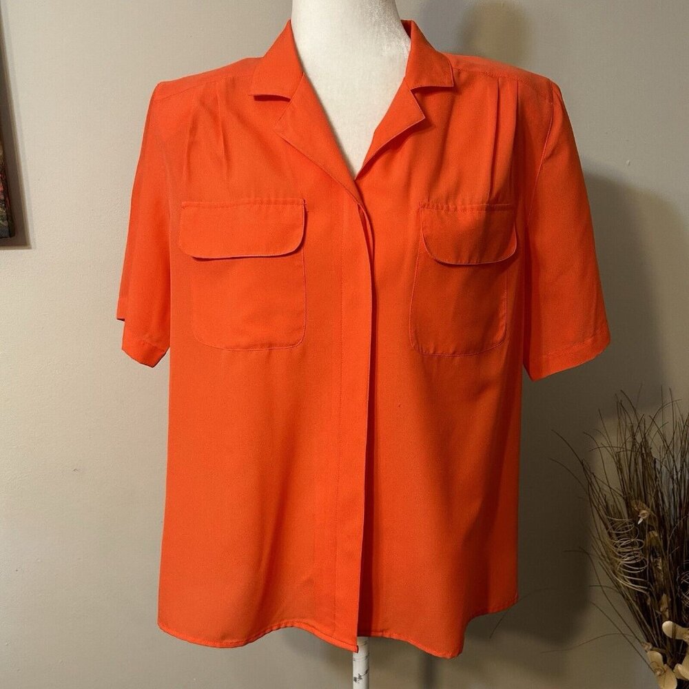 VTG Sheridan Square Womens Blouse Top Sz 14 Orange Button-Up Short Sleeve Pocket